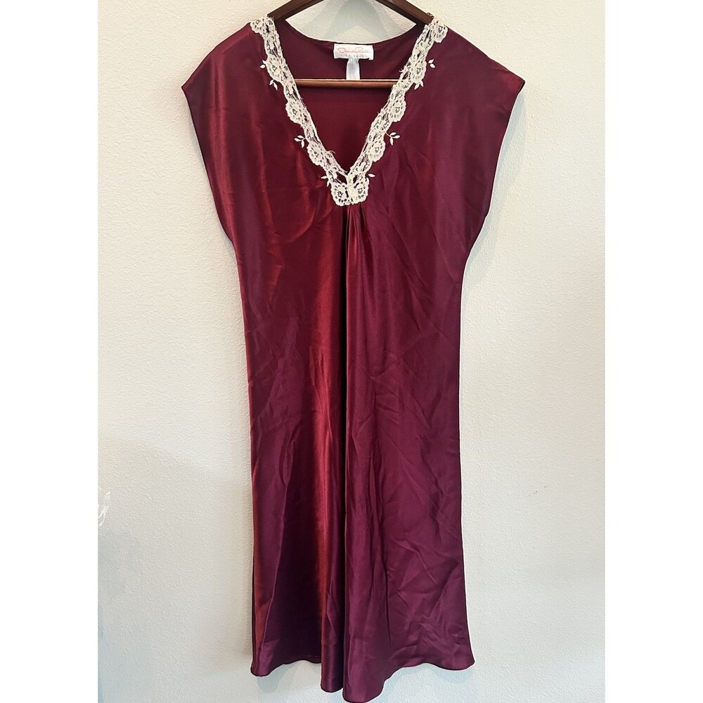 Oscar de la Renta Pink Label Satin Nightgown Burgundy Wine Red Lace Trim Size L